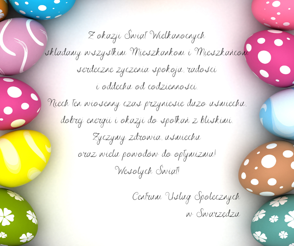 Z okazji Świąt Wielkanocnych składamy wszystkim Mieszkankom i Mieszkańcom serdeczne życzenia spokoju, radości i oddechu od codzienności. Niech ten wiosenny czas przyniesie dużo uśmiechu, dobrej energii i okazji do spotkań z bliskimi. Wesołych Świąt!