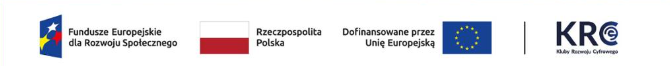 Pasek informacyjny z logotypami. Na białym tle umieszczono logo Funduszy Europejskich dla Rozwoju Społecznego z nazwą Funduszy, flagę Polski z nazwą Rzeczpospolita Polska oraz flagę Unii Europejskiej z informacją: Dofinansowane przez Unię Europejską, Klub Rozwoju Cyfrowego