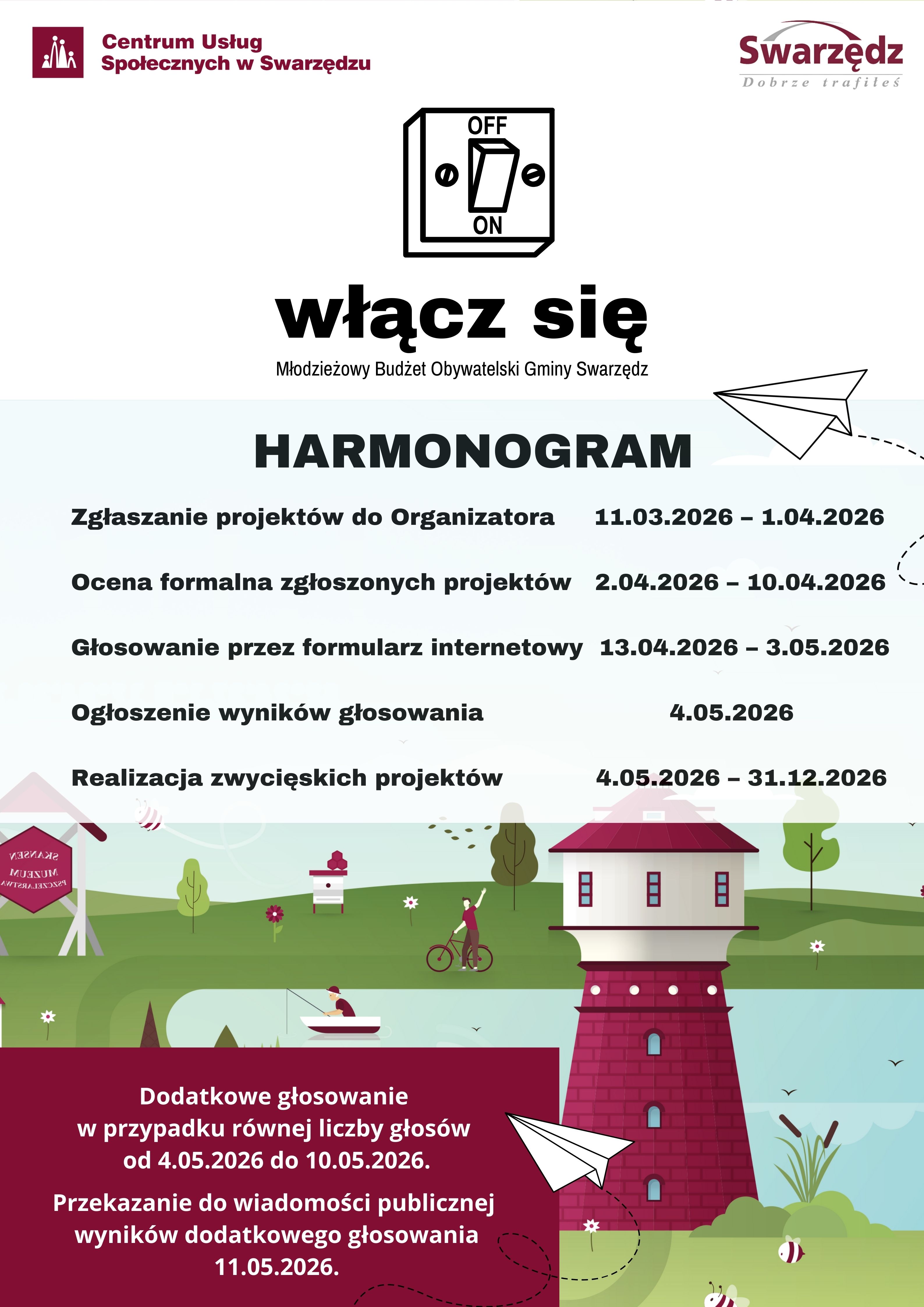 Plakat prezentujący harmonogram Młodzieżowego Budżetu Obywatelskiego Gminy Swarzędz. Tło plakatu stanowi grafika utrzymana w jasnej zielono-bordowo-błękitno-białej kolorystyce. Grafika przedstawia symbole Swarzędza: jezioro, charakterystyczne budynki i przedmioty związane z miastem. Zostały one umieszczone na tle zielonej łąki, błękitnego nieba i ścieżek spacerowych ozdobionych detalami przyrodniczymi oraz kilkoma postaciami ludzkimi. W centrum plakatu, na pierwszym planie, znajdują się dwa białe prostokąty. Lewy, mniejszy, rozciągnięty horyzontalnie i prawy, większy, rozciągnięty wertykalnie. Biały prostokąt znajdujący się bardziej na lewo zawiera w sobie czarny kontur pstryczka elektryczka służącego do włączenia oświetlenia. Przycisk włącznika jest wciśnięty na polu off. Poniżej znajduje się napis