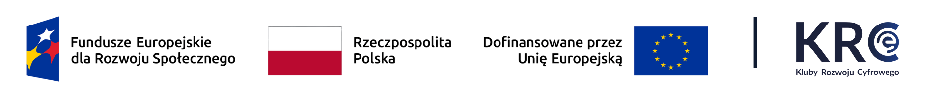 Biały pasek z logotypami. Od lewej umieszczono: logo Funduszy Europejskich, flagę Polski, flagę Unii Europejskiej i logo Klubów Rozwoju Cyfrowego.