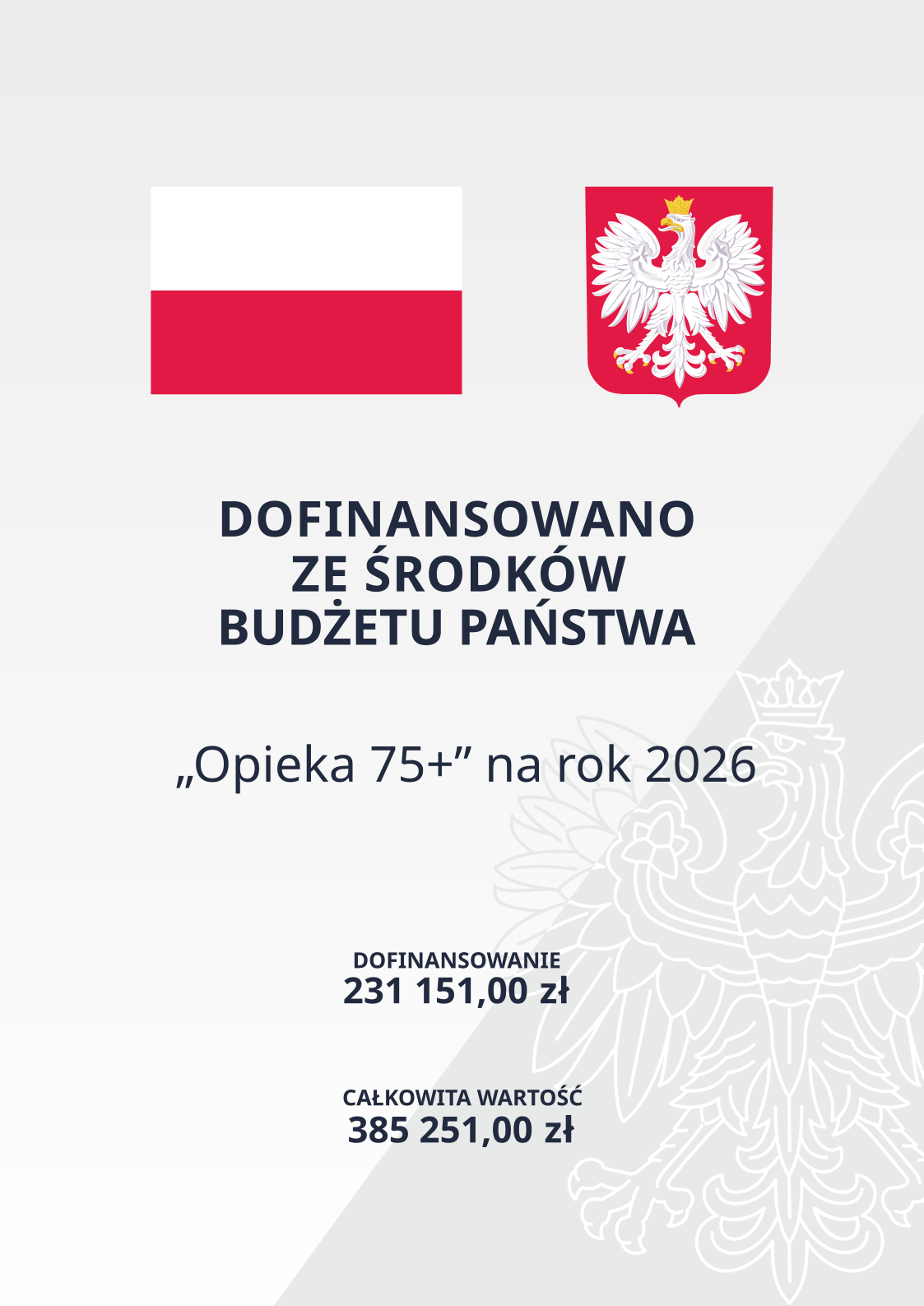 Grafika informująca o dofinansowaniu z budżetu państwa programu „Opieka 75+” na rok 2025. Widoczne są flaga Polski, godło oraz kwoty: dofinansowanie 269 177,00 zł, całkowita wartość 460 533,92 zł.