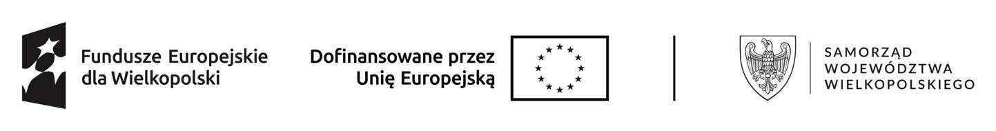 Pasek z logotypami koloru czarno-białego. Logo Funduszy Europejskich, logo dofinansowania przez Unię Europejską i herb województwa wielkopolskiego.