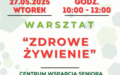 Plakat informujący o warsztacie dla seniorów pod tytułem zdrowe żywienie. Na plakacie znajdują się wszystkie informacje organizacyjne,  dolny i górny pasek z logotypami projektowymi oraz informacja o finansowaniu warsztatów.