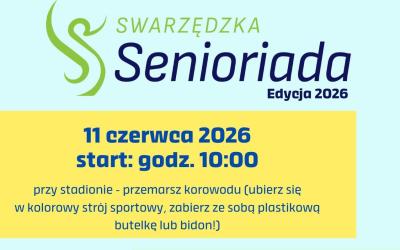 Baner w kolorach lazurowo-żółto-zielono-niebieskich. Logo i napis Swarzędzka Senioriada edycja dwa tysiące dwadzieścia sześć, data, godzina, informacje.