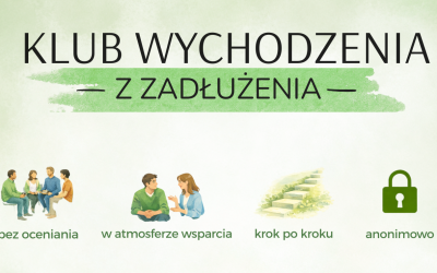 Baner dotyczący Klubu Wychodzenia z Zadłużenia. Przeważają barwy zielone. Od góry widać: nazwę klubu i ilustracje z podpisami.