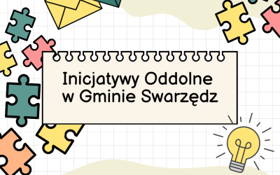 Baner kremowo-biały z tytułem Inicjatywy Oddolne w Gminie Swarzędz. Dookoła tytułu grafika przedstawiająca różnokolorowe puzzle, koperty i żarówka.