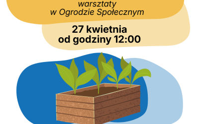 Plakat dotyczący akcji malowania skrzyń do sadzonek w ogrodzie społecznym. W centralnym punkcie plakatu znajduje się ilustracja przedstawiająca skrzynię.