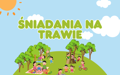 Baner dotyczący śniadań na trawie. Na tle nieba z chmurami i słońcem przedstawiono zielone półkole z drzewami, na którym czas spędzają piknikowicze.