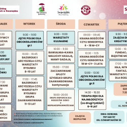 Grafika przedstawia plan zajęć w Klubie Integracji Społecznej i Swarzędzkim Klubie Rodziny w układzie tabelarycznym.