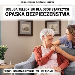 Zdjęcie seniorki i uśmiechniętej kobiety wraz z tekstem dotyczącym usługi teleopieki dla osób starszych.