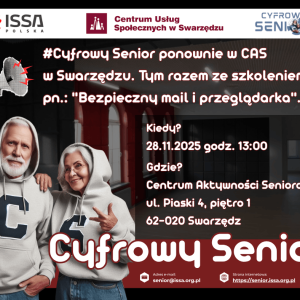Plakat informujący o szkoleniu na temat bezpieczeństwa cyfrowego. Wśród informacji i logotypów zwraca uwagę zdjęcie pary seniorów w bluzach z kapturem.