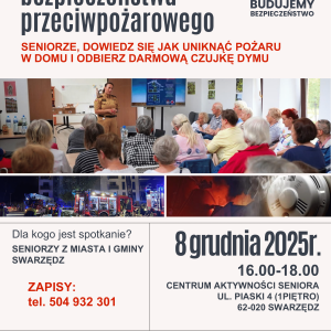 Plakat informacyjny. Oprócz informacji i logotypów umieszczono na nim zdjęcie przedstawiające wykład dla seniorów, nocną akcję gaśniczą i czujkę dymu.