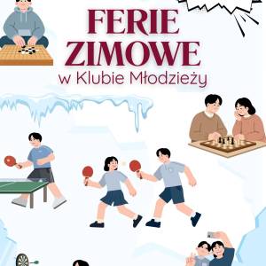 Na tle grafiki przedstawiającej lodowe zacieki i kontur śniegu umieszczono tytuł, logo klubu oraz ilustracje młodych osób uprawiających różne sporty.