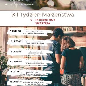 Plakat informujący o wydarzeniach w ramach Międzynarodowego Tygodnia Małżeństwa. Oprócz listy wydarzeń i logotypów na plakacie widnieją dwa zdjęcia.