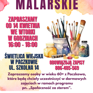 Na białym tle z pastelowymi kleksami umieszczono informacje organizacyjne, logotypy i grafikę przedstawiającą różne farby oraz słoiki z pędzlami.