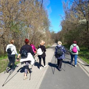 Seniorki w terenie podczas spaceru z kijkami