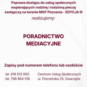 Plakat poradnictwo medialne. Na białym tle napisy koloru bordowego. Od góry plakatu tytuł projektu, nazwa usługi, informacje kontaktowe i logotypy.