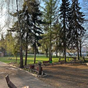 Zdjęcie przedstawia ogród społeczny wiosną. Widać drewniany leżak, świerki, brzozy, trawnik i placyk z ławkami. W tle materiały z kastoramy i blok.