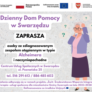 Plakat z ilustracją zamyślonej seniorki trzymającej się za głowę, obok której umieszczono chmurki ze znakami zapytania, teksty, logotypy i informacje.