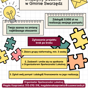 Plakat wyjaśniający, na czym polegają inicjatywy oddolne. Oprócz tytułu, informacji i logotypów projektowych, umieszczono na nim źródło finansowania.