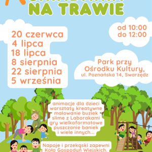 Kolorowy plakat na temat śniadań na trawie. Od góry widnieją logotypy organizatorów, tytuł, daty, godziny i miejsce, opis atrakcji i logotypy partnerów.