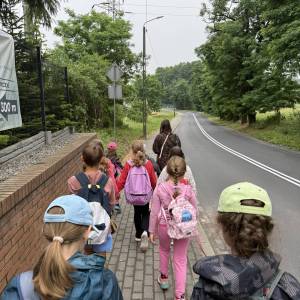 Widok zza uczestników półkolonii na szosę biegnącą przez łąki i las. Grupa prowadzona przez wychowawczynię idzie po chodniku wzdłuż szosy.