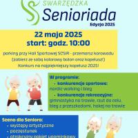 Kolorowy plakat informujący o Swarzędzkiej Senioriadzie. Pomiędzy informacjami organizacyjnymi umieszczonymi w prostokątach koloru żółtego, zielonego i niebieskiego wstawiono grafiki ilustrowanych seniorów z radością wykonujących ćwiczenia fizyczne.