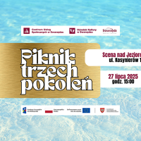Baner informujący o Pikniku Trzech Pokoleń. Na tle przejrzystej, błękitnej wody morskiej umieszczono nazwę imprezy, logotypy organizatorów i podmiotów finansujących Piknik oraz informacje dotyczące miejsca, dnia i godziny imprezy.