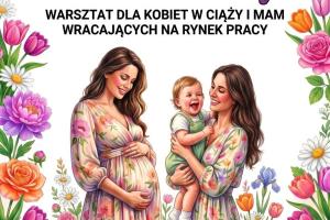 Baner przedstawiający dwie ilustrowane uśmiechnięte kobiety. Jedna z nich jest w ciąży i trzyma się za brzuch, a druga stoi z dzieckiem na rękach.