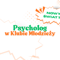 Grafika informująca o konsultacjach z psychologiem w Klubie Młodzieży, Nowy Świat 10. Na białym tle znajdują się komiksowe grafiki oraz napis utrzymane w pomarańczowo-zielonych barwach.